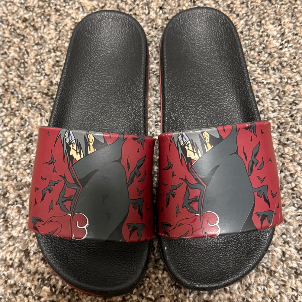 Primitive x Naruto Shippuden Crows Burgundy Slide Sandals kids size 4